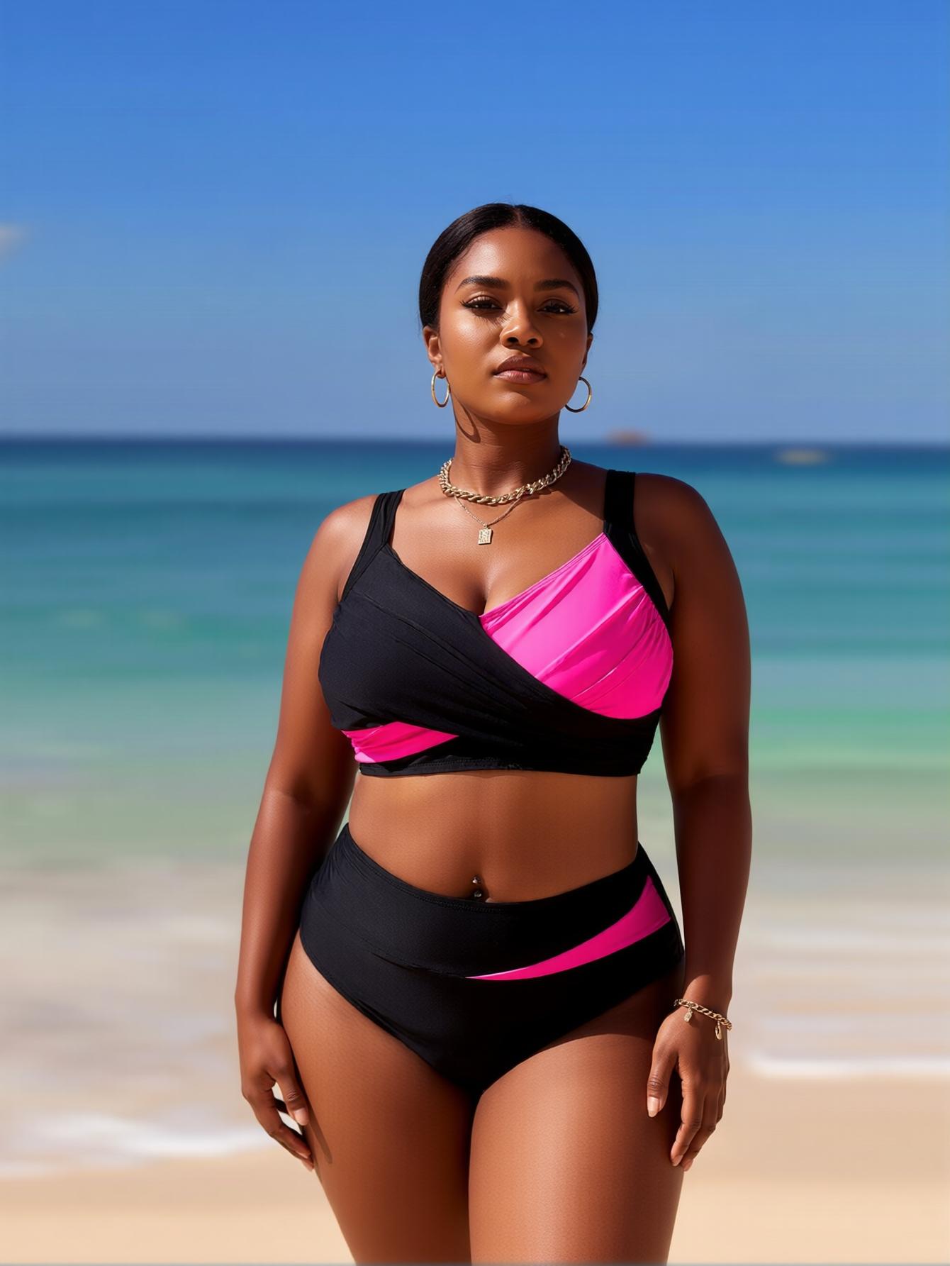 Casual Plus Size High Waist Two Piece Bikini Set Black Pink Color Block Tropical Style Beachwear