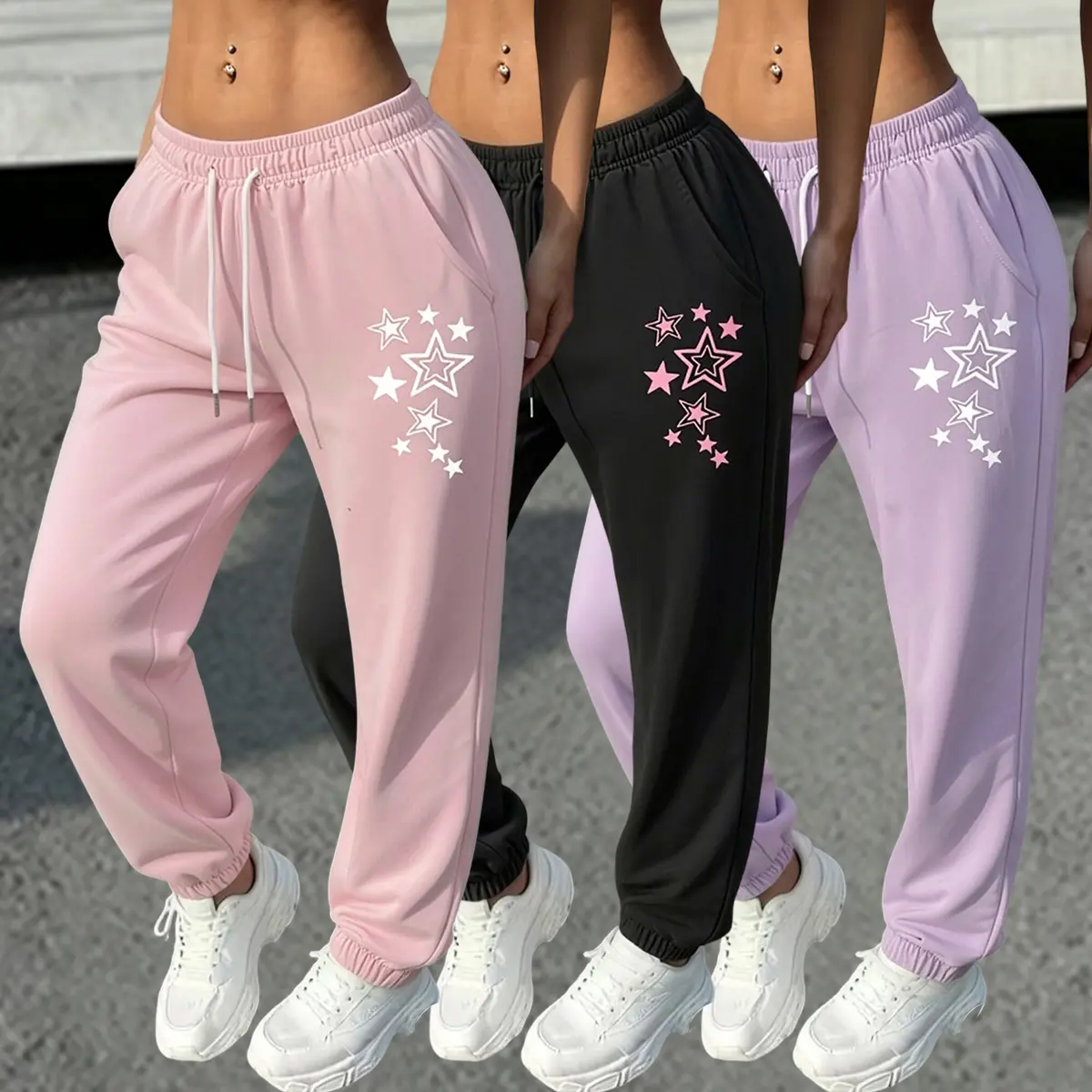 Set of 3 women’s fashion casual athletic pants with an elastic waistband and adjustable drawstring—suitable for sports fitness, commuting to work, leisure vacations, and more occasions; women’s bottoms.summer vibes, summer vibes