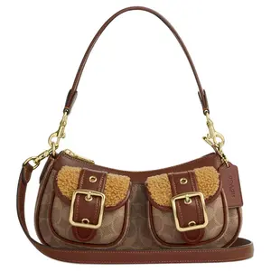 COACH Ashton 25 Medium Shoulder Bag with Gold Buckle in Tan, Featuring Coated Canvas, Wool, and Leather Construction for Women