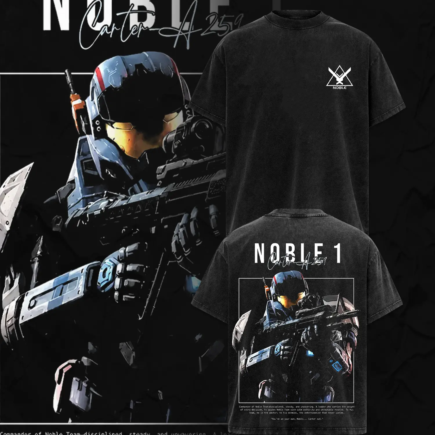 [Collection] Noble Team V2 - Halo Reach Double Printed Oversize Lightweight Acid Washed Tee Game Graphic T-Shirt for Men Casual Day Wear Cotton Fabric - Jeans Vintage Gaming Retro Black Tee Oversized Heavyweight Cotton T-Shirts Love Menswear