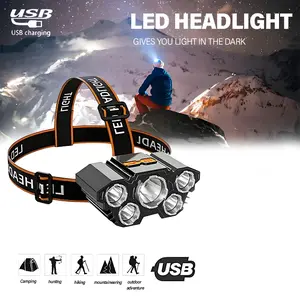 2 Rechargeable Headlamps with 5 LED Bulbs,Rechargeable Stylish High-Power Five-LED Flashlight, Portable Camping and Fishing Emergency Light  USB Rechargeable, 8 Lighting Modes