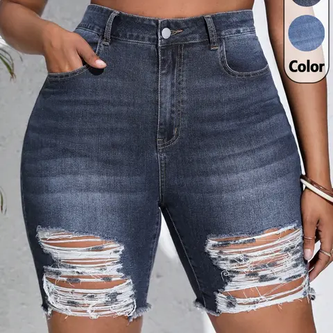 Women's Denim Four-Quarter Shorts, High-Waisted Elastic Short Pants, Casual Summer Wear, Multiple Colors, Ideal for Daily or Beach, Denim Ripped Shorts, Stretchy Jean Shorts