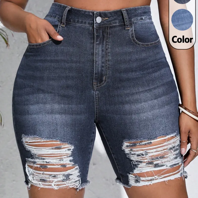 Women's Denim Four-Quarter Shorts, High-Waisted Elastic Short Pants, Casual Summer Wear, Multiple Colors, Ideal for Daily or Beach, Denim Ripped Shorts, Stretchy Jean Shorts