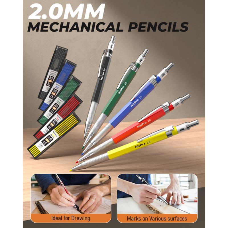 Nicpro 27 Pack Carpenter Pencils, with 100 Refill, Automatic Center Punch and Carbide Scribe Carpenter Tool, Construction Pencils for Woodworking, Carpenters Marking