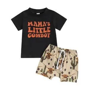 Western Baby Boy Outfit Mama's Little Cowboy Short Sleeve T-Shirt Top Shorts Set Toddler Boy Western Summer Clothes