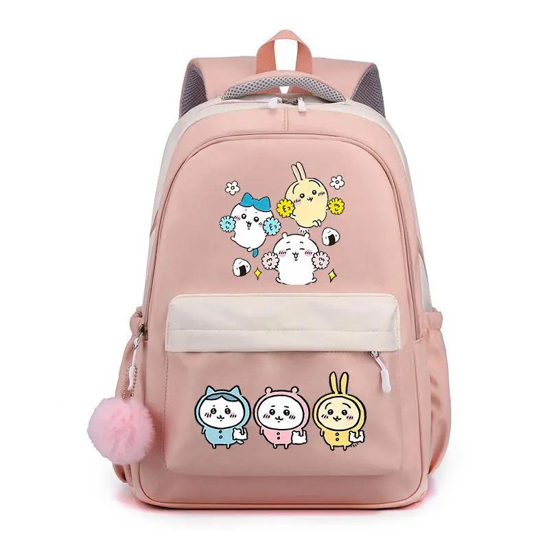 Chiikawa Cute Rabbit Cartoon Backpack, pink & white color matching, fluffy pom-pom pendant, soft breathable back pad, lightweight waterproof fabric, cute primary school girls daily bookbag.