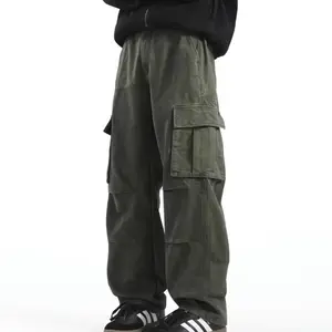 Men's Loose Solid Pocket Drawstring Waist Cargo Pants, Casual Comfy Zipper Cargo Pants for Daily Outdoor Wear, Work Pants Men, Woven Bottoms for All Seasons Menswear Beige Baggy Green
