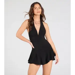 Dinner And Drinks Halter Ruffle Romper