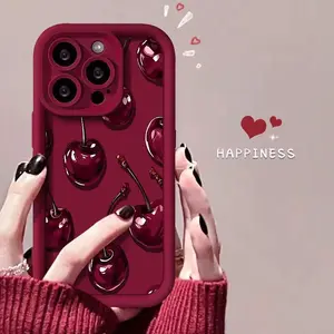 Wine Cherry Pattern TPU Case for iPhone 17 Pro Max 16 16e 15 14 Plus 13 12 Mini 11 Air X XS Straight Edge Drop-Resistant Rugged Durable Cover Shell Gift 2D printing