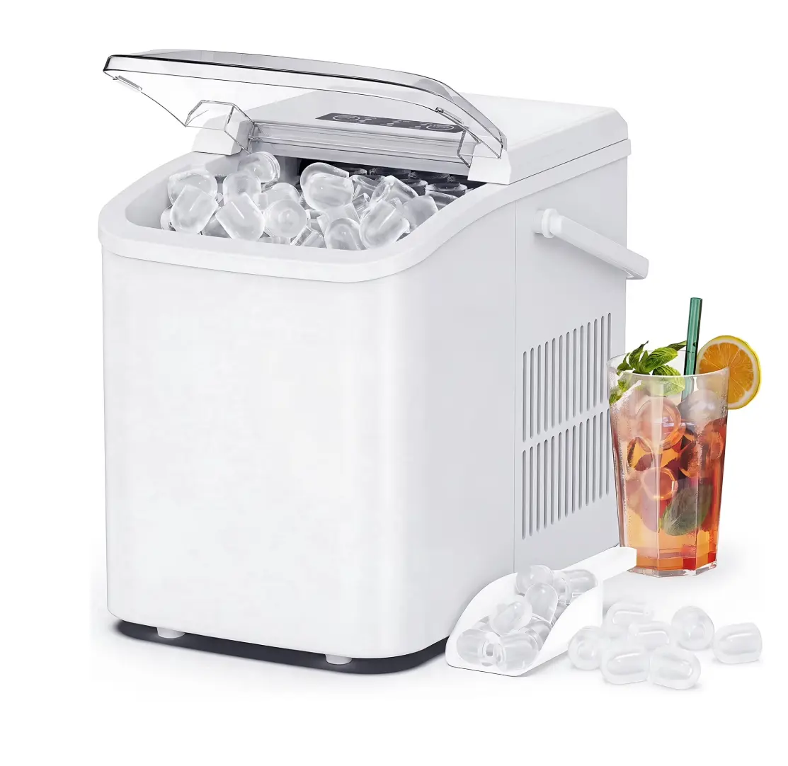 Countertop Ice Maker, Self-Cleaning Portable Ice Maker Machine with Handle and Ice Scoop 9Pcs/6Min 26.5Lbs/24H White