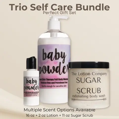 The Lotion Company Self Care Bundle – 16 oz Body Lotion + 11 oz Sugar Scrub + 2 oz Travel Size (3-Piece Set)