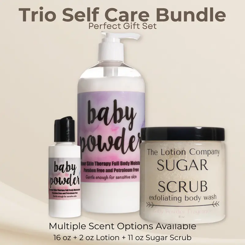 The Lotion Company Self Care Bundle – 16 oz Body Lotion + 11 oz Sugar Scrub + 2 oz Travel Size (3-Piece Set)