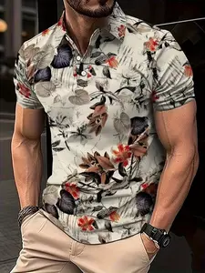 Men's Short-Sleeve Polo Shirt with Tropical Floral Print for Golf - Regular Fit, Summer Casual and Sportswear, Vivid Print Design, Casual Apparel, Sporty Style, Durable Construction, Active Lifestyle, Lightweight Material, for Active Men