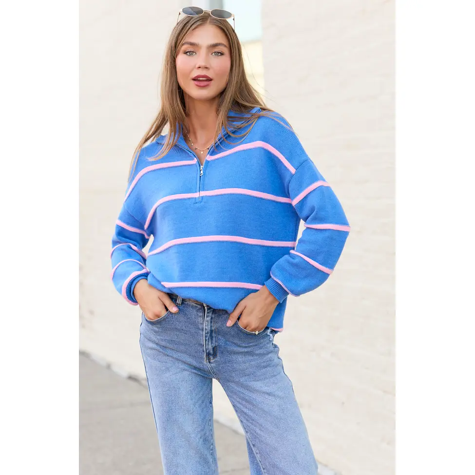 Sunday Stripe Club Blue And Pink Quarter Zip
