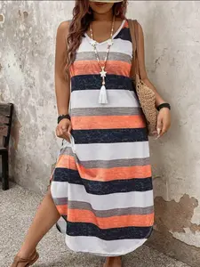Plus Size Striped Sleeveless Midi Dress, Casual V Neck Side Slit, Summer, Comfortable and Stylish, Perfect for Daily Wear, Casual Fashion Dress