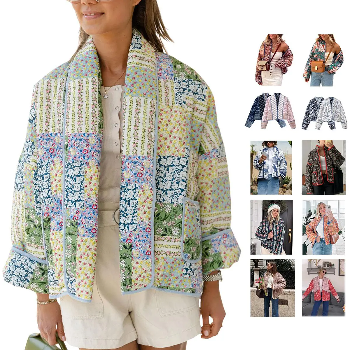 Tanming Women's Chic Polyester Ditsy Floral Print Quilted Puffer Coat - Lightweight, Drop Shoulder, Open Front, Reversible Long Sleeve Cardigan with Pockets for Fall Winter Casual Outerwear,summerwins