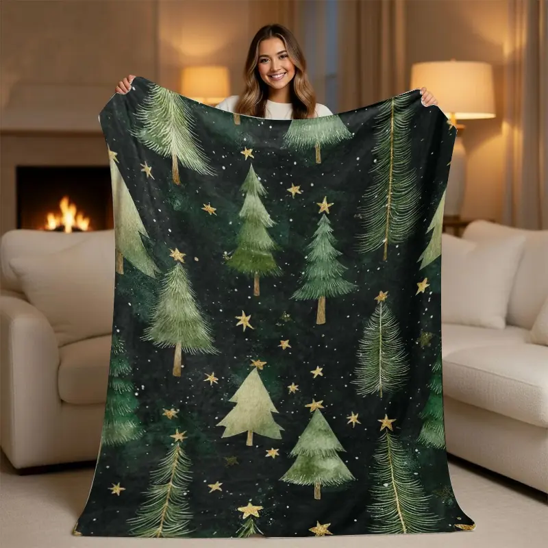 Vintage Watercolor Christmas Tree Flannel Blanket - Christmas Print, Dark Green, Green Decorative, Holiday Print Styles, Soft Cozy Starry Night Bedding, Family Holiday Decor Gift, Christmas Print Blankets, Dark Green Blankets
