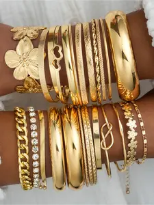 25PCS Women's Gold Multi-Style Bangle Set (Flower Texture/Heart Cutout/Diamond-Studded Chain Styles) Stackable Bracelets Versatile for Daily Layering, Commute Outfits & Party Looks Luxury Fashion Accessories