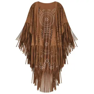 2025 Camel Suede Floral Hollow Out Fringe Tassel Shawl Women Vintage Capes Ponchos Autumn Bohemian cardigan Cloak Boho Capes Blanket Scarf Hand Made