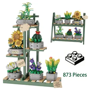 Potted Building Blocks Succulent Set 873pcs Green Plants with Display Stand Fun Creative DIY Bricks Desktop Decorative Ornaments Easter Green Plant Decorations