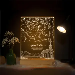 Custom Anniversary Gifts for BF Personalized Star Map Night Light with Customized Church Constellation Plaque Date & Location LED Lamp Valentines Christmas Gitf Idea