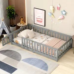 Twin Size Floor Bed Frame with Fence and Door,Rubber Wood Floor Bed with Safety Guardrails and Slats