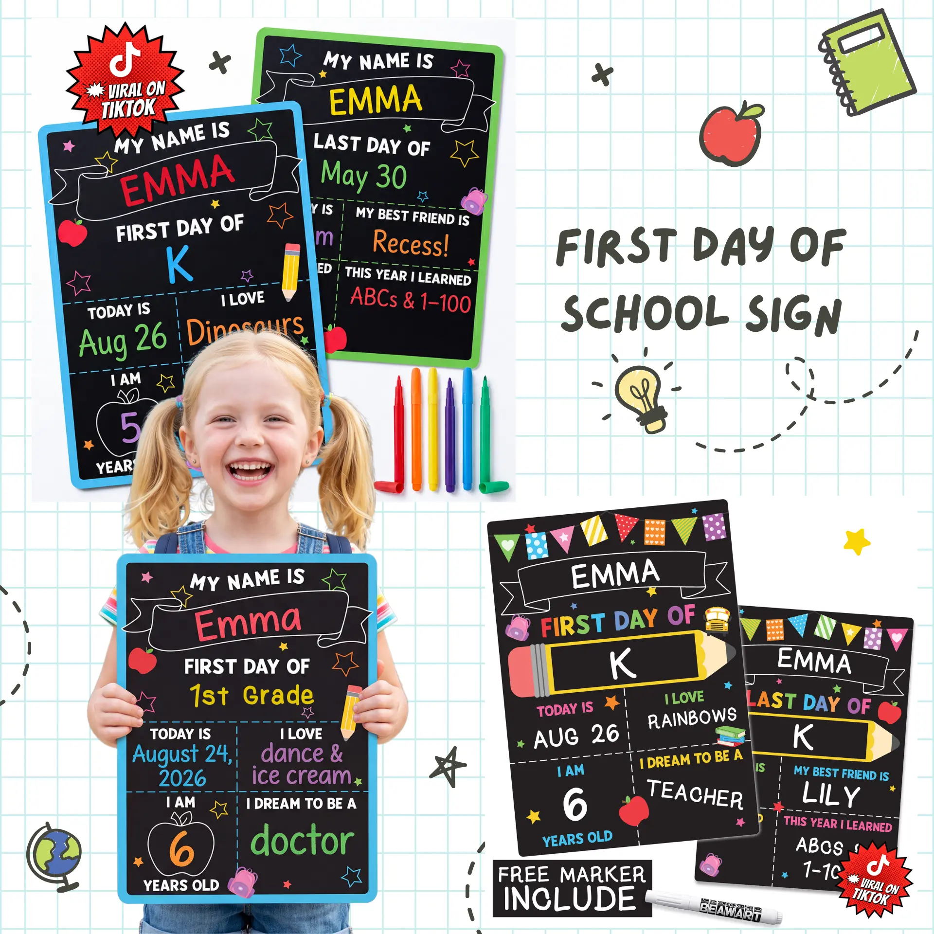 BEAWART First Day of School Black Sign Board, 10x14 Double-Sided First & Last Day Chalkboard Sign, Reusable Back to School Photo Prop For Preschool Kindergarten Kids, Includes Pencil Flag & White Chalk Marker