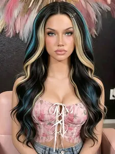 Black Blue and Gold Tri-Color Highlighted Wavy Wig, Pre-Plucked Hairline Synthetic Wig.Blue Wig for Valentine’s Day Looks, Wavy Style.Lace Front Wig for Valentine’s Day Date Nights.Suitable for Women’s Parties, Cosplay, Stage Performances, and Valent 28in