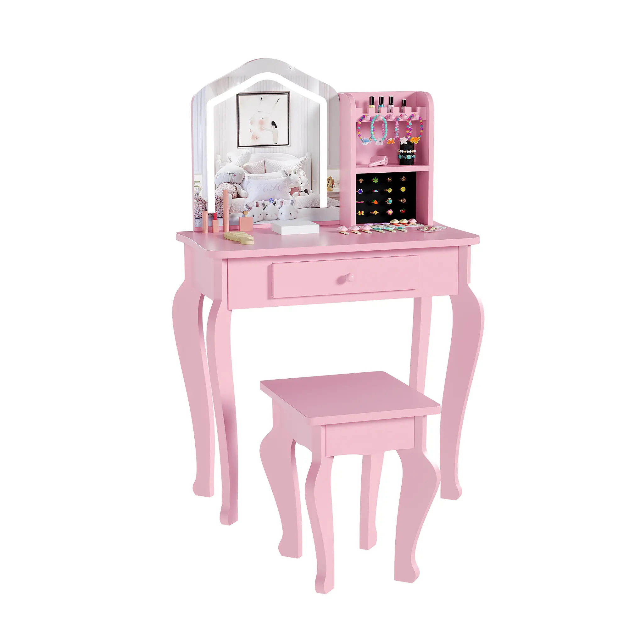 Complete Kids Vanity Set with Lighted Mirror and Matching Stool, Makeup Dressing Table Playset for Little Girls Ages 3-8, Elegant Design with Practical Storage, Perfect for Bedroom or Playroom, Wood, Spacious Drawers, Vanity Desk