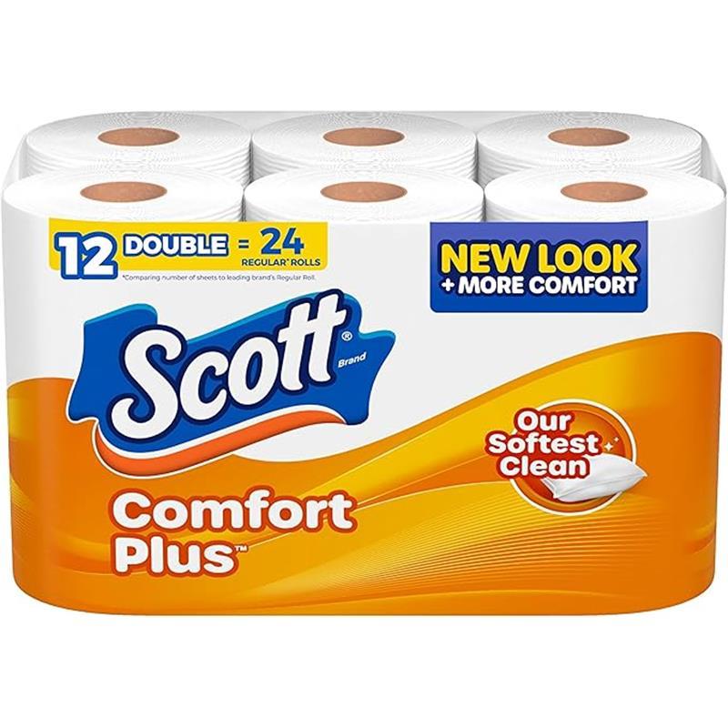 Scott ComfortPlus Toilet Paper, 12 Double Rolls, 231 Sheets per Roll, Septic-Safe, 1-Ply Toilet Tissue