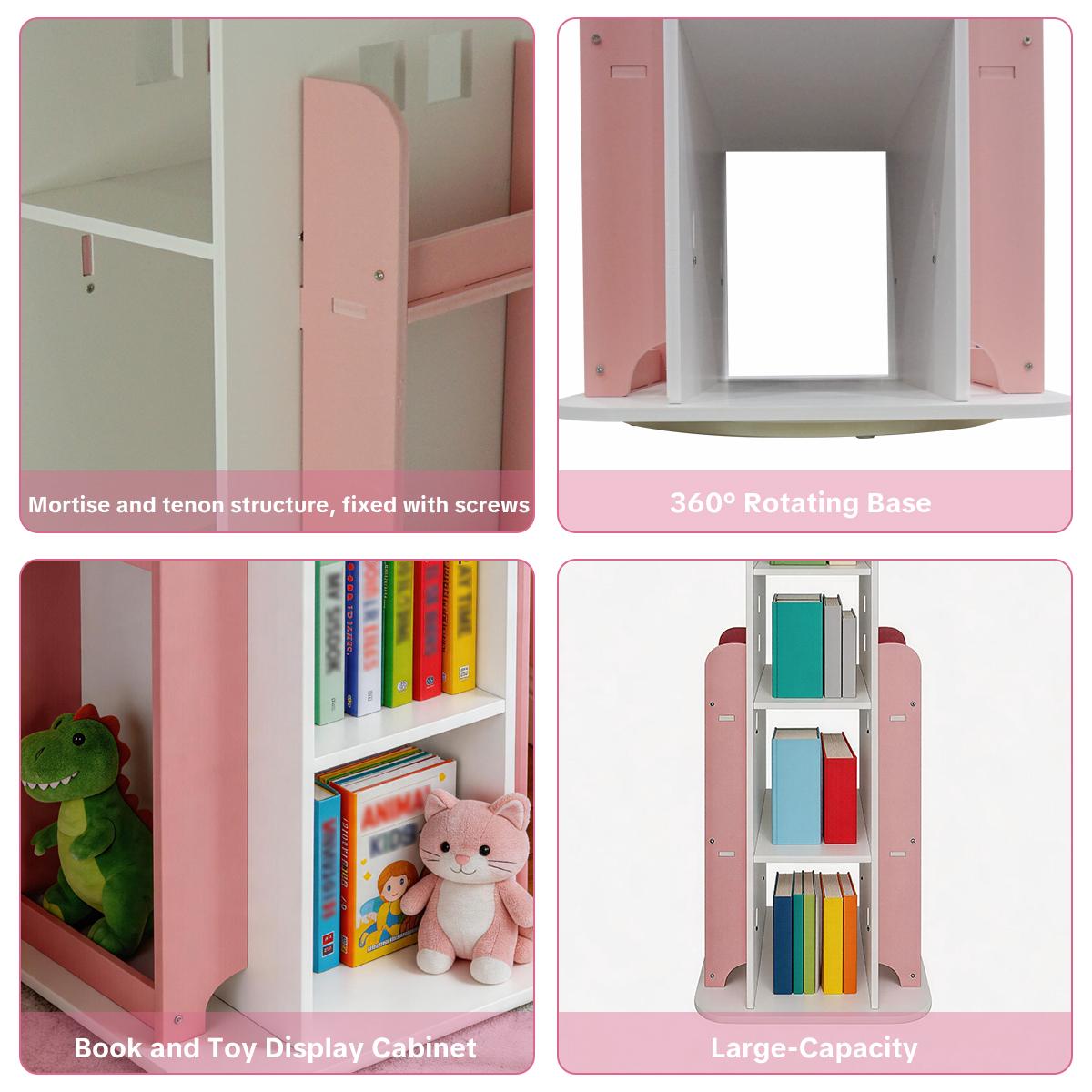 White 4-Tier PVC Corner Shelf System - 360-Degree Rotating Floor-Standing Bookshelf Tower, Space Saving Layered Multi-Shelf Living Room Furniture, Kids Book Organizer for Bedroom Small Spaces