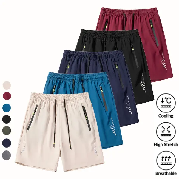 5-Pack, Men's Solid Color Zipper Pocket Shorts - Summer Casual Comfortable Breathable Three-Quarter Pants, Everyday Bottoms, Tropical Beige, SpringStatements Clothes Menswear Plain,father'sdaygifts streetwear stretch fit