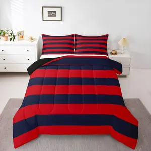 Striped Girls Comforter Set,Navy Blue Red Stripes Bedding Set,Aesthetic Patchwork Down Comforter For Women Room Decor Ombre Rich Down Alternative With 1 Stripe and