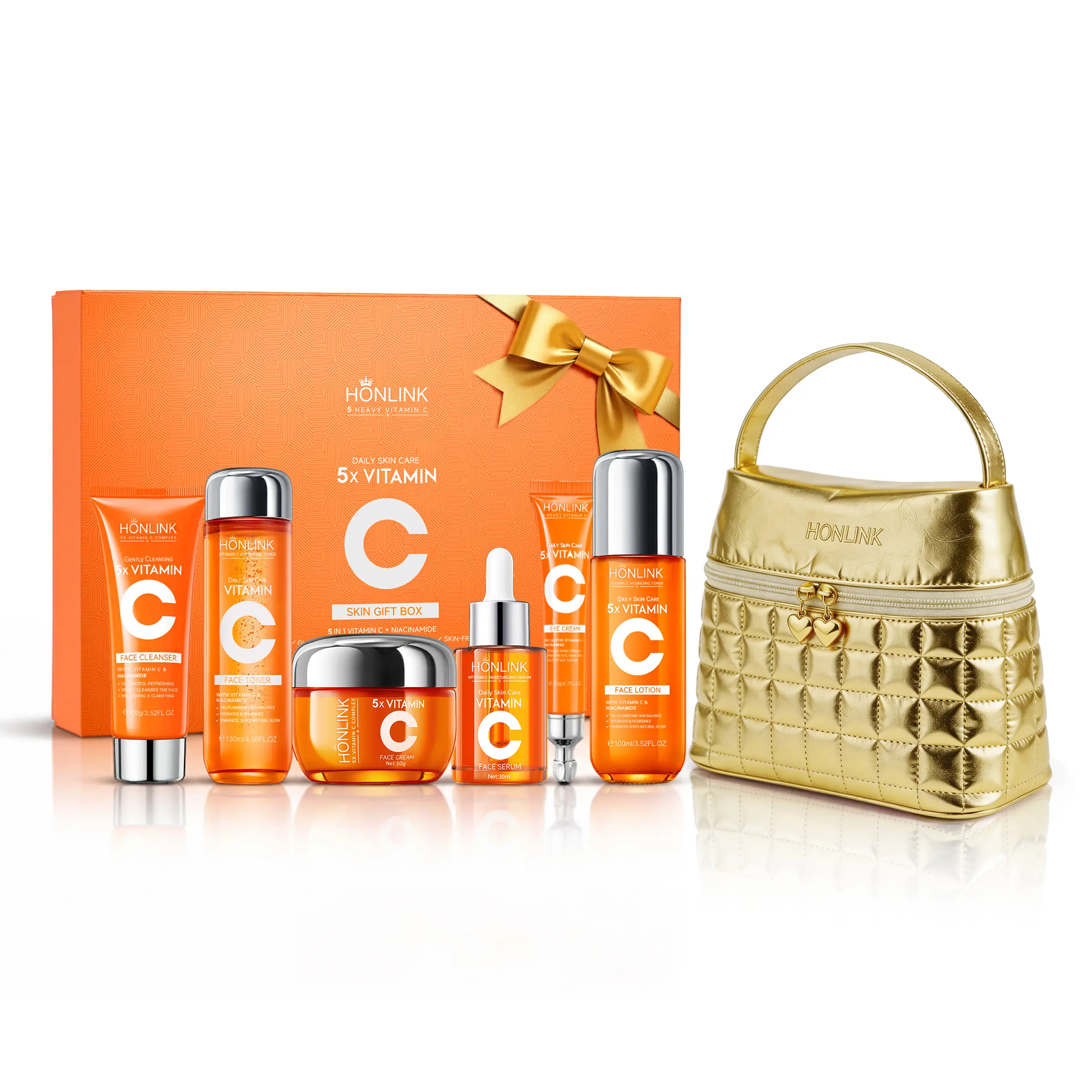 Korean Vitamin C Skincare Set with Travel Makeup Bag, 6-Piece Glowing Facial Care Kit for Moisturizing Firming & Even Skin Tone ,Best Gifts for Women