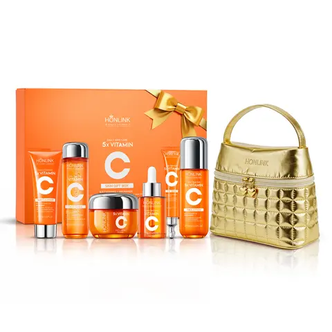 Korean Vitamin C Skincare Set with Travel Makeup Bag, 6-Piece Glowing Facial Care Kit for Moisturizing Firming & Even Skin Tone ,Best Gifts for Women