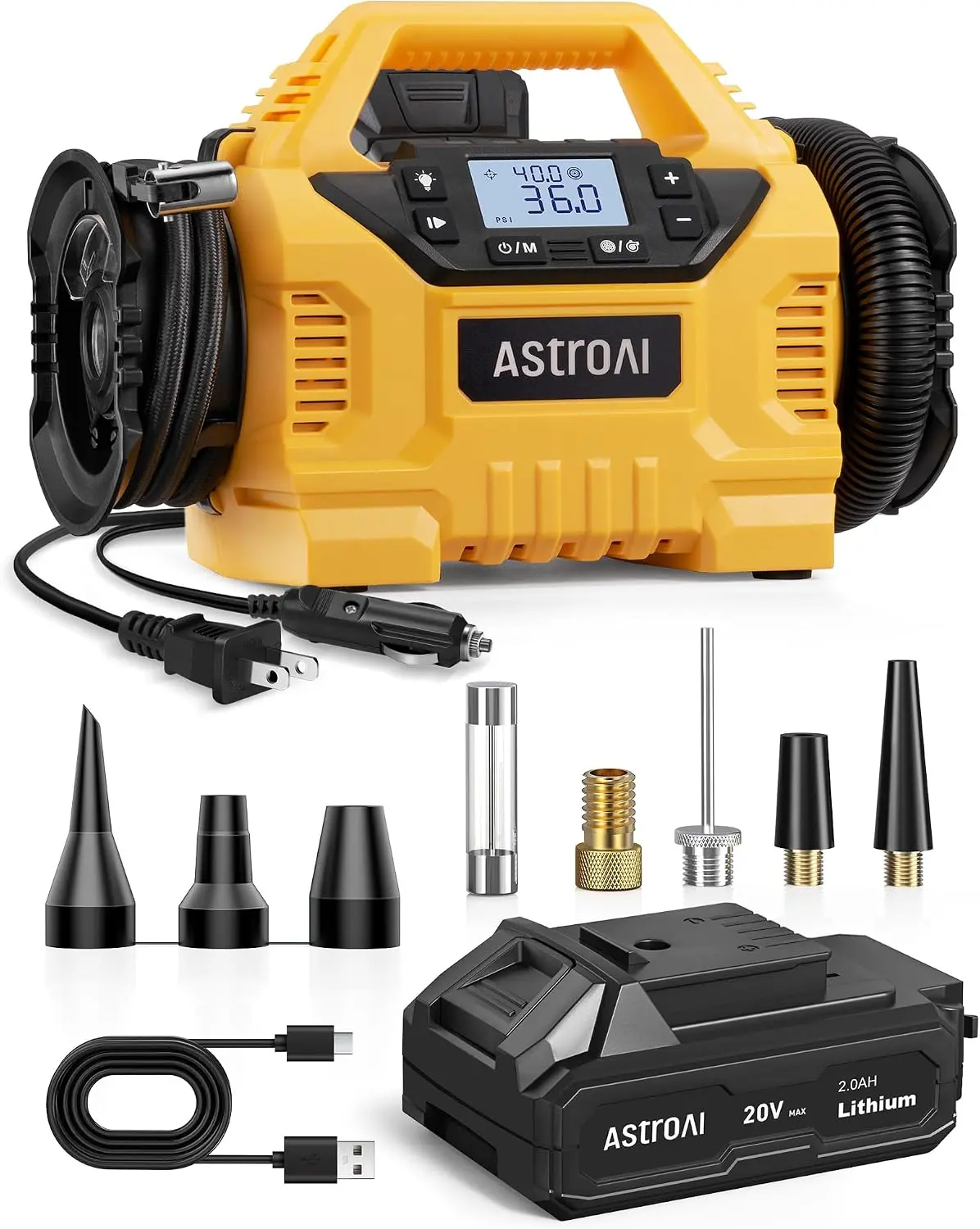 AstroAI MC3 Tire Inflator Portable Air Compressor, 3 Power Sources:Cordless/110V AC/12V DC, 160PSI Fast Inflation Air Pump with Dual Motors, Auto Shut-off for Cars,SUVs, Air Mattress Inflator/Deflator