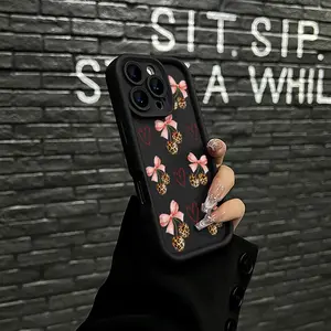 Cherry Bow Leopard Print Phone Case Cute Fruit Design Compatible with iPhone 17 Pro Max 16 Pro Max 15 Pro 14 13 12 11 Series Simple Color Matching