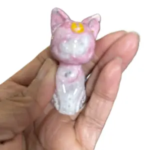 Rhodonite Stone  Luna the Cat Carving Home Decor Pink and White Cat Figurine for Home Decorations Decorative Crystal  Piece Natural collectors crystals
