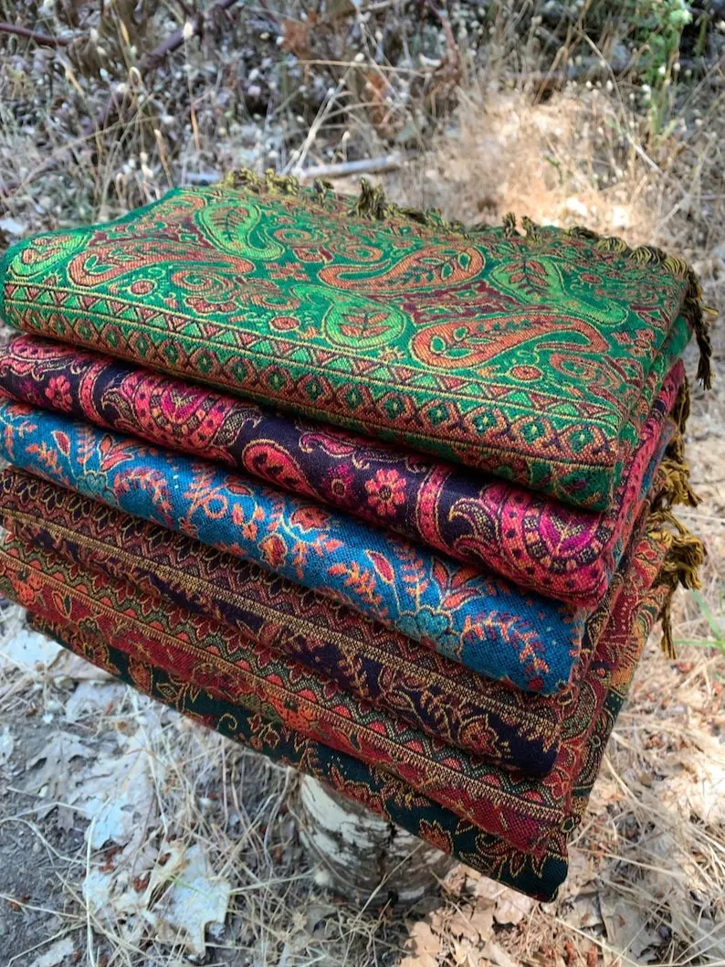 Himalaya Yak Wool Blanket Shawl - Modern Tribal Design - Handmade in Kathmandu Valley Nepal - Beautiful Colorful Paisley Pattern