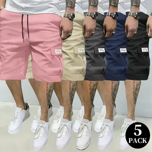 Men’s American Vintage Multi-Pocket Cargo Shorts, Street Style Drawstring Loose Bermuda Shorts, 5-Pack