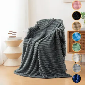 1pc solid color double-sided plush blanket, soft and skin friendly warm flannel striped blanket, machine washable multifunctional blanket, suitable for home office, camping, car travel, birthdays, Thanksgiving, Christmas gifts, Flannel Throw Blanket