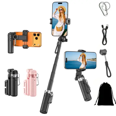 2026 New Upgraded 4-in-1 360° Angle Control Selfie Stick Tripod - 25in Max Extension, Wireless Bluetooth Remote, Smartphone/Mobile Holder, Tripod Light, Vlogging Kit, Travel Gadgets, Selfie Accessories for Parties