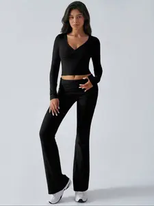 Women's Casual Long Sleeve V Neck Knit Top & Slim-Fitting Pants Set, Spring & Fall Home Wear, Plain Pattern, Moderate Fabric Thickness,Airport Outfit