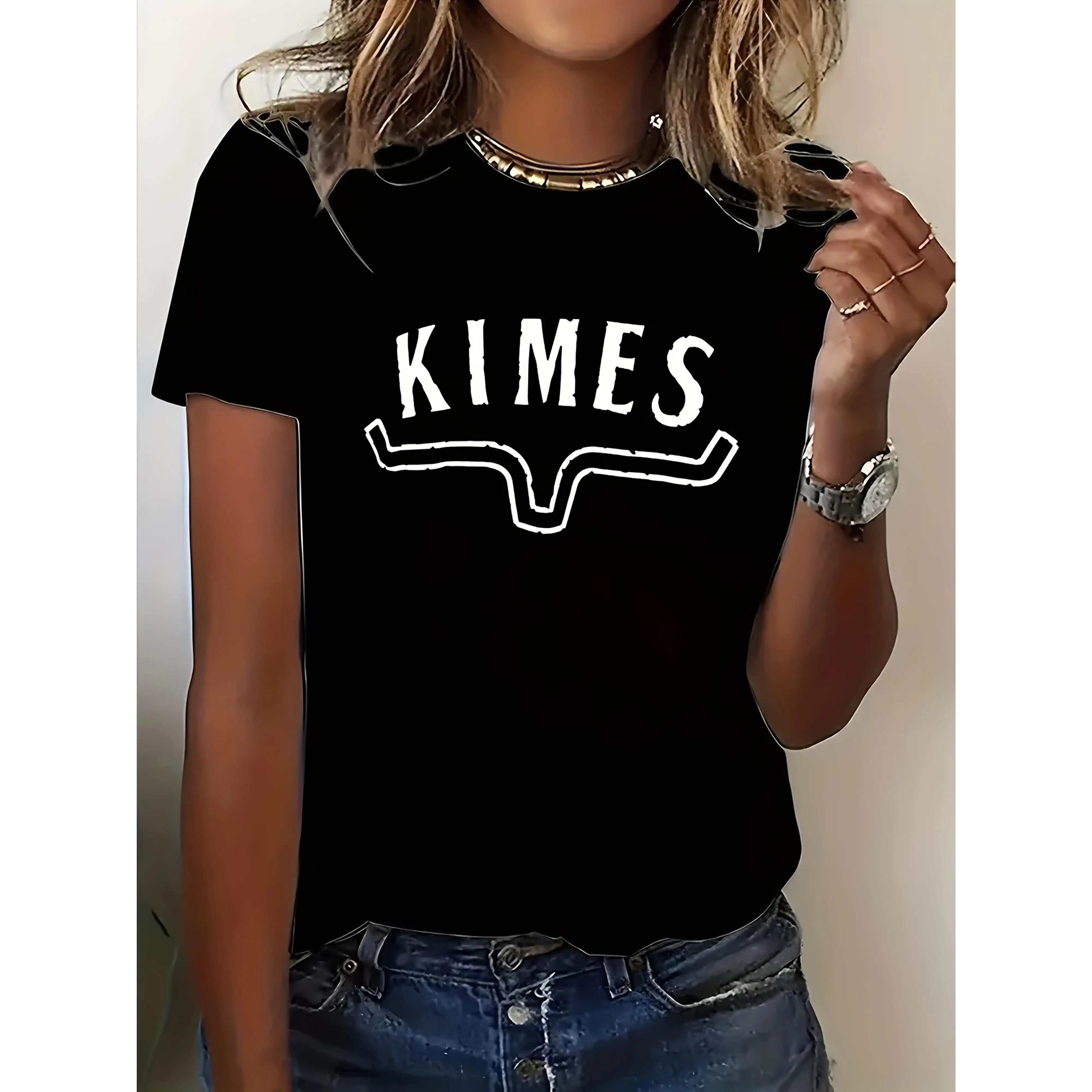1pc KIMES Women'S Casual T-Shirt - Round Neck, Short Sleeve, Geometric Letter Print, All-Season Comfort, Machine Washable, Black with White Design, Pe