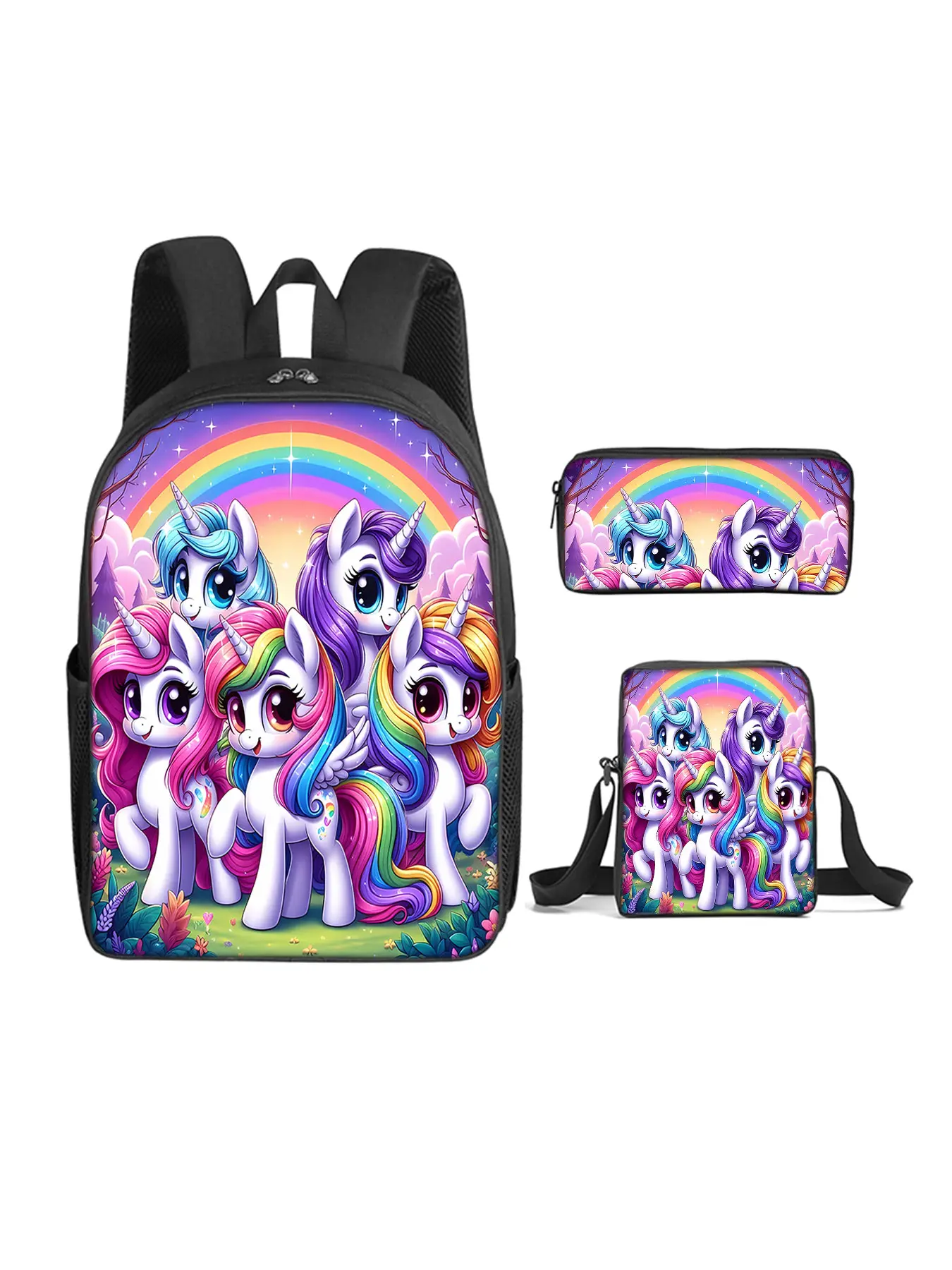 Unicorn pattern printed 16-inch backpack three-piece set (single-layer backpack + small satchel + single-layer pencil case)