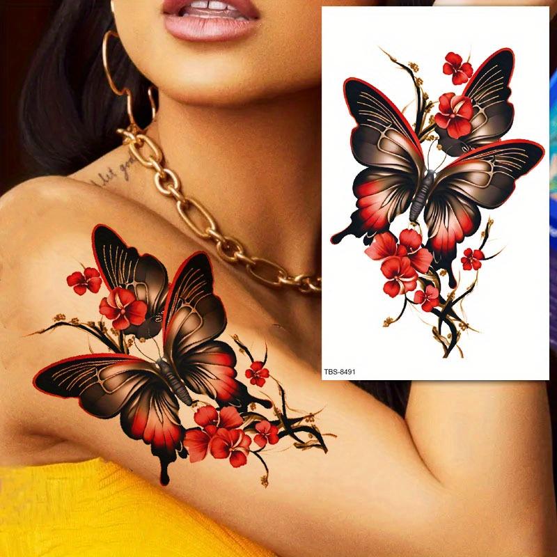 6 Sheets PVC Long-Lasting Unscented Glitter Temporary Tattoos - Solid Waterproof, Assorted Red Floral & Butterfly Designs, Safe for Adults & Children, Ideal for Parties, Festivals Body Art (No Battery Needed)