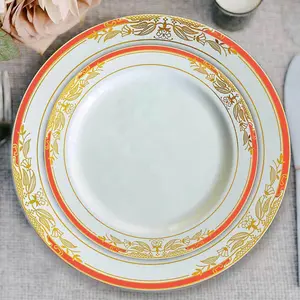 10-Pack Plastic Round Dessert Plates 8" White with Red Rim and Gold Vine Design - Stylish Disposable Salad/Appetizer Plates for Modern & Sophisticated Table Decor
