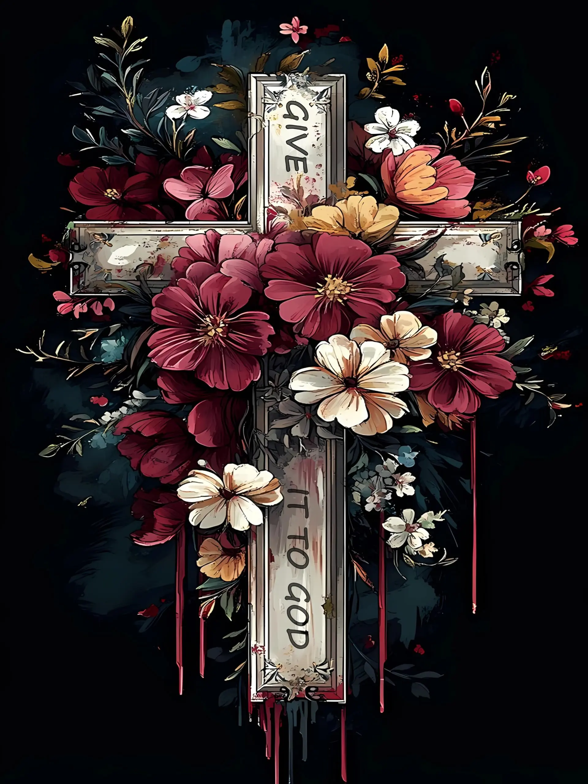 Religious Cross Diamond Art Kits Flower Cross 5D Diamond Painting Kits DIY Round Full Drill Painting with Gem Art Craft Kits for Home Wall Decor