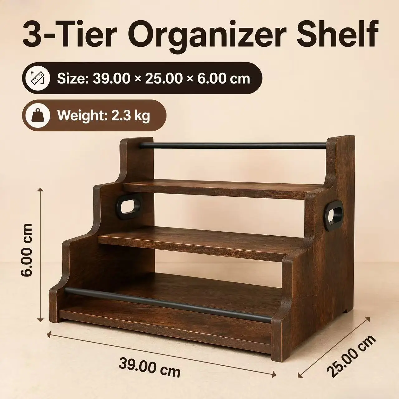 Kitchen 3-Tier Organizer, Rustic Wooden Countertop Storage Shelf with Handles for Spices and Bar Utensils
