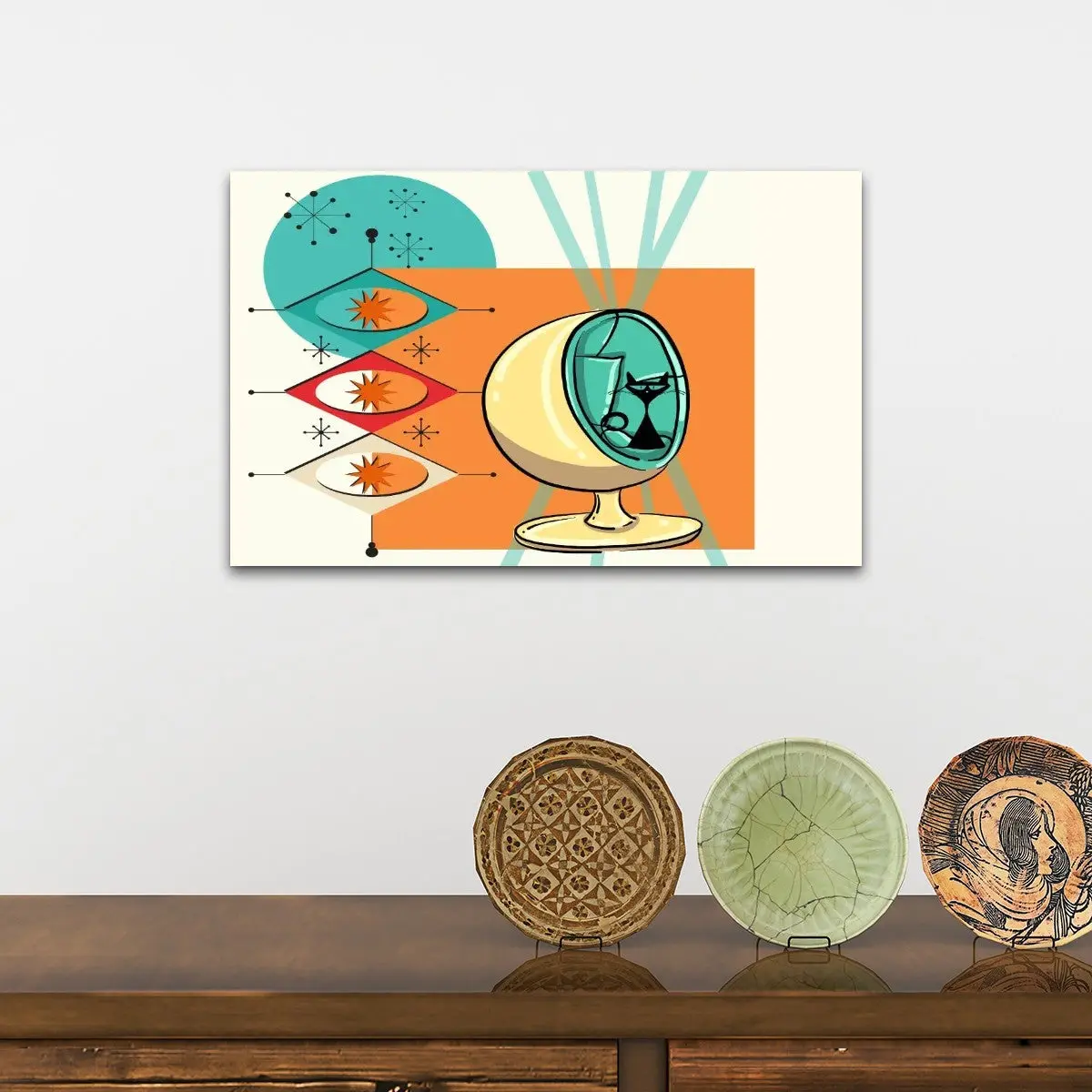 Mid Century Modern Wall Art, Atomic Cat Starbursts Sputnik Designed Mod Canvas Art